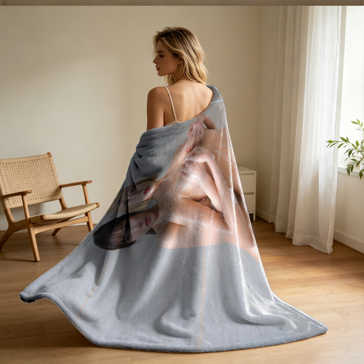 Nude Blonde Woman Lounging on Chair - Blanket