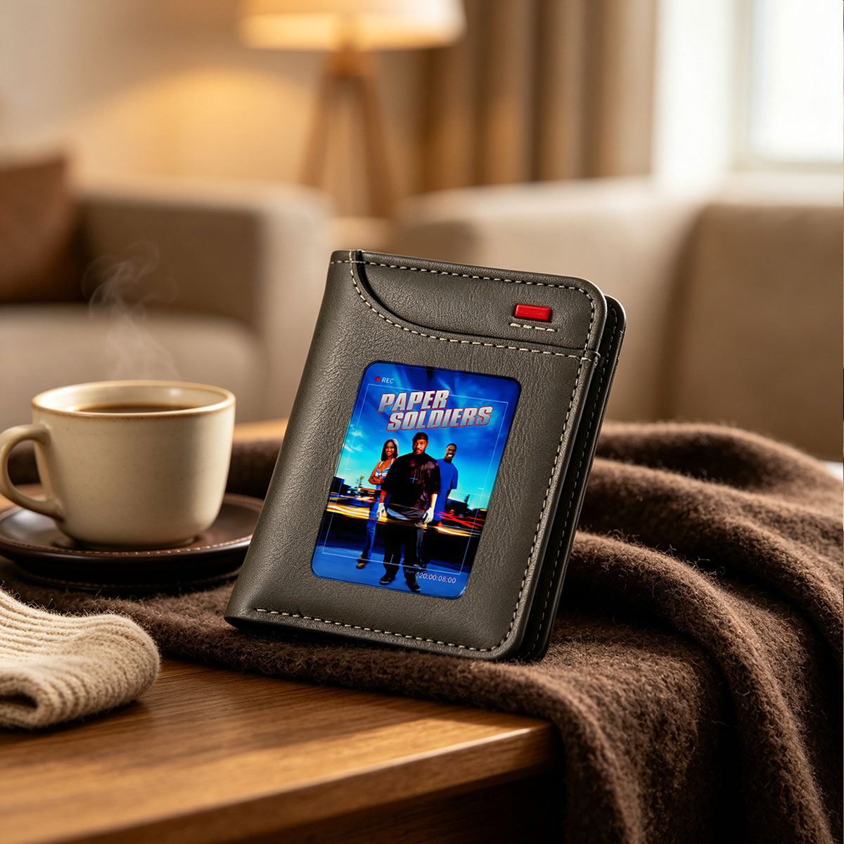 Paper Soldiers: Three Characters in Action Pose with Urban Background and Recording Interface Overlay - Vertical Style Wallet