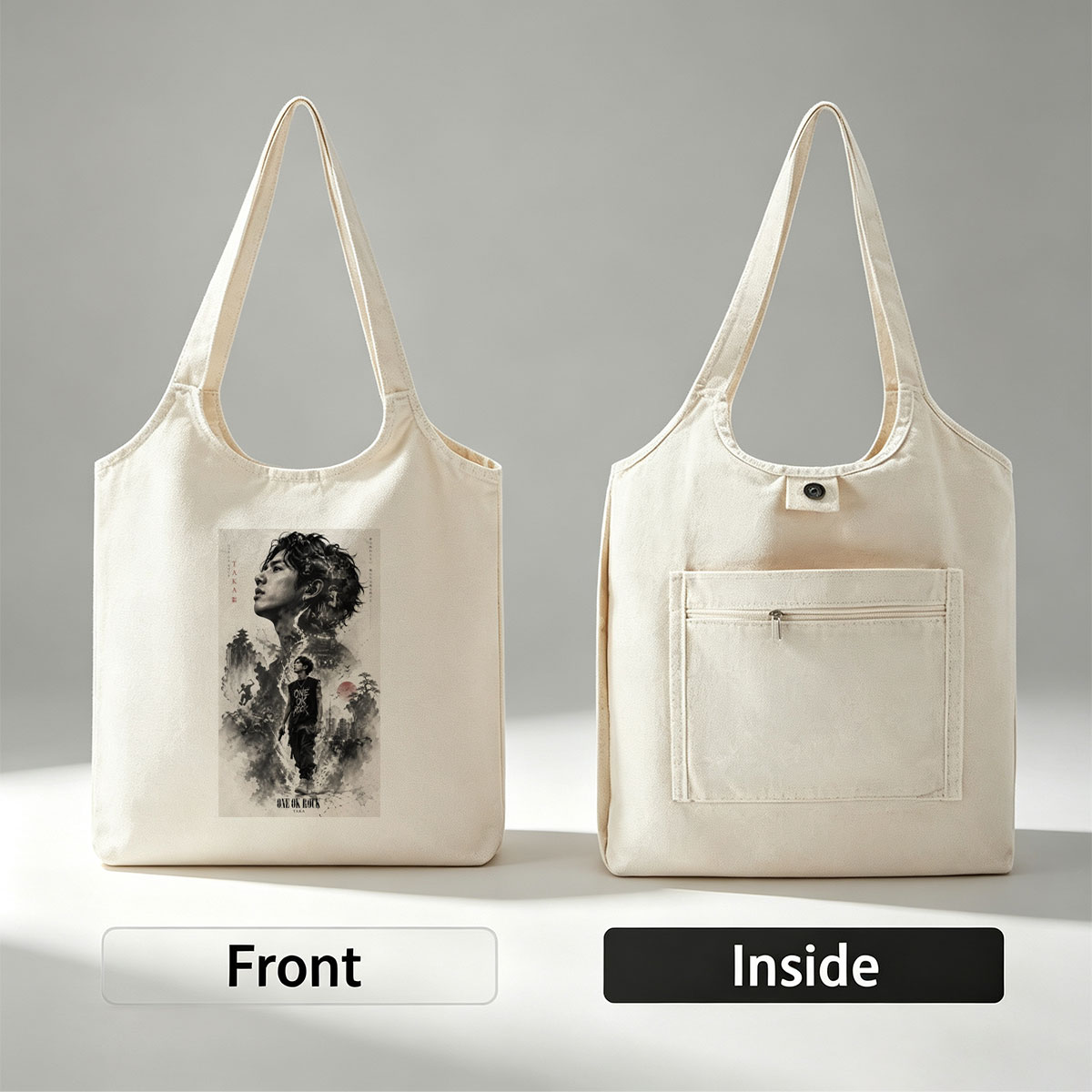 ONE OK ROCK TAKA in a Dramatic Monochrome Portrait with Traditional Japanese Landscape and Urban Elements - Canvas shoulder bags/