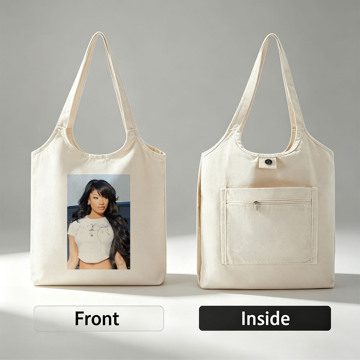 Nicki Minaj in a Stylish White Crop Top with Long Black Hair and Bold Makeup - Canvas shoulder bags/