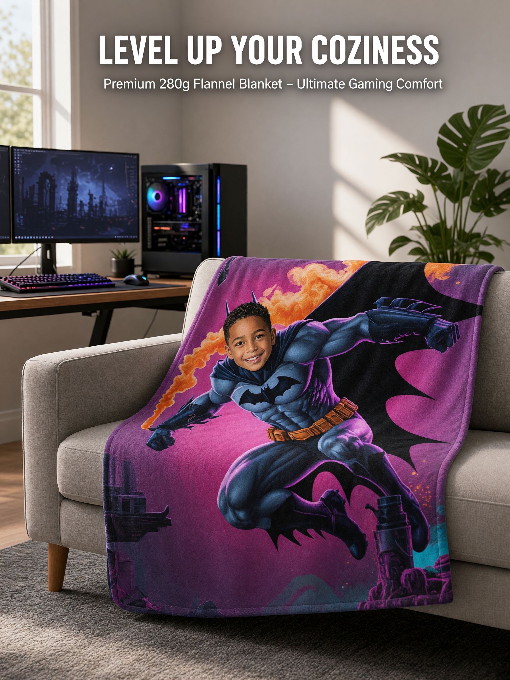 Custom Photo Face Superhero Blanket, Ultra-Soft Flannel Throw, Personalized Cozy Gift for Kids and Family