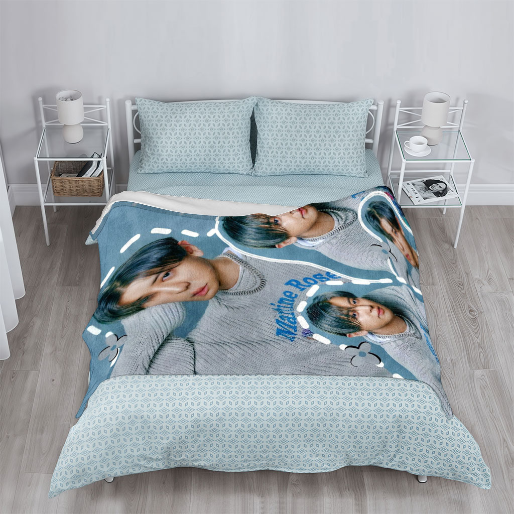 Kai - Multiple Poses in Gray Sweater with Marine Rose Design - Collage Style Photo - Blankets