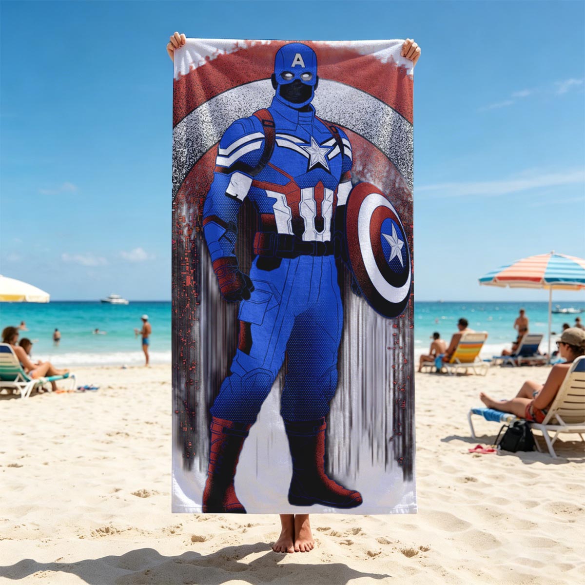Captain America in Tactical Suit with Shield, Standing Against a Dynamic Red, White, and Blue Background - Beach towels