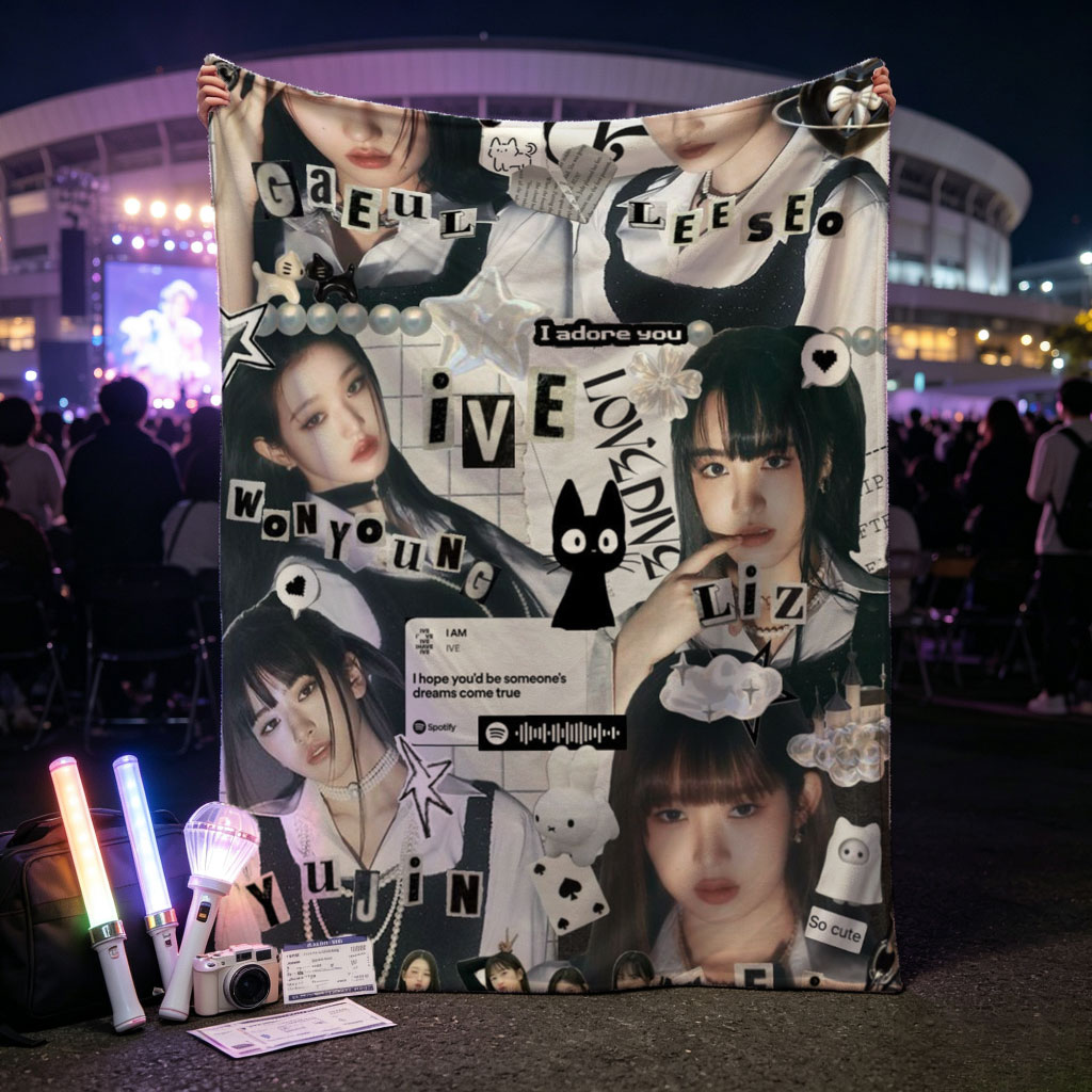 IVE Members in a Stylish Collage Featuring Fashion, Music Notes, and Cute Icons - Blankets
