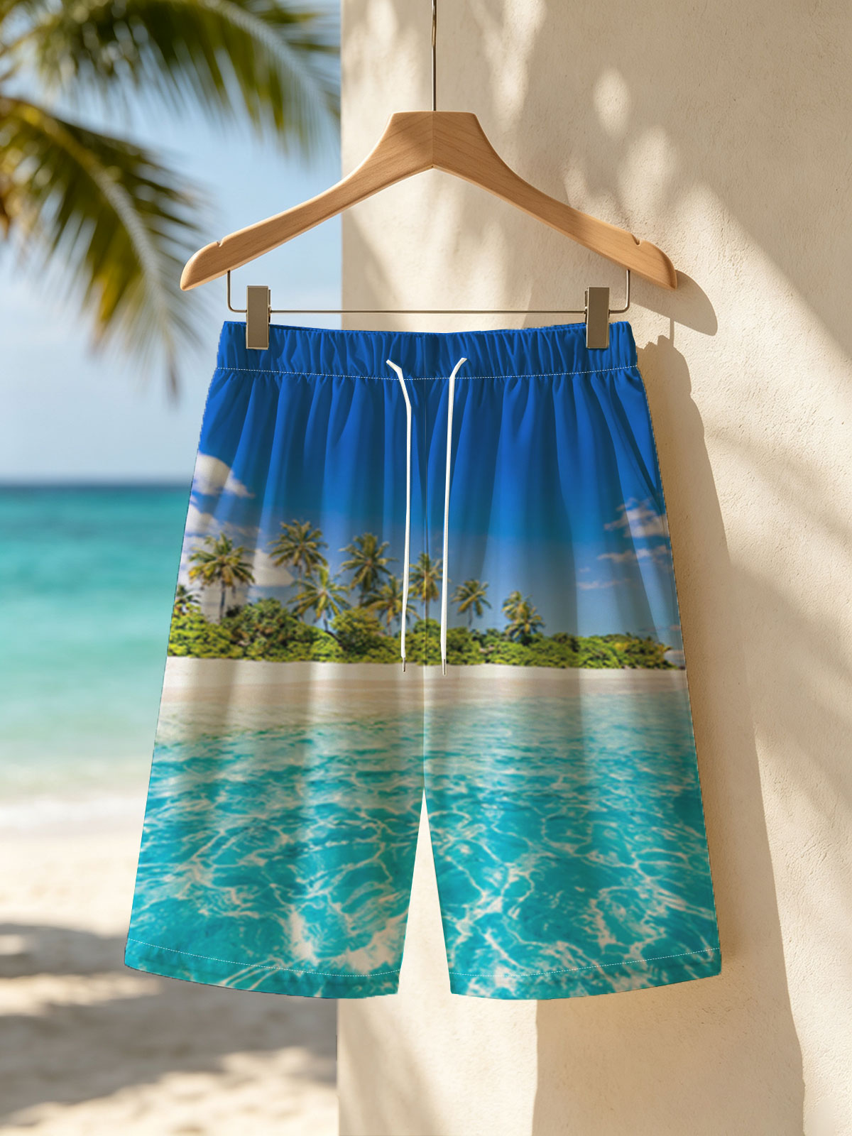 Crystal Clear Waters and Palm Trees on a Tropical Beach -  Beach shorts