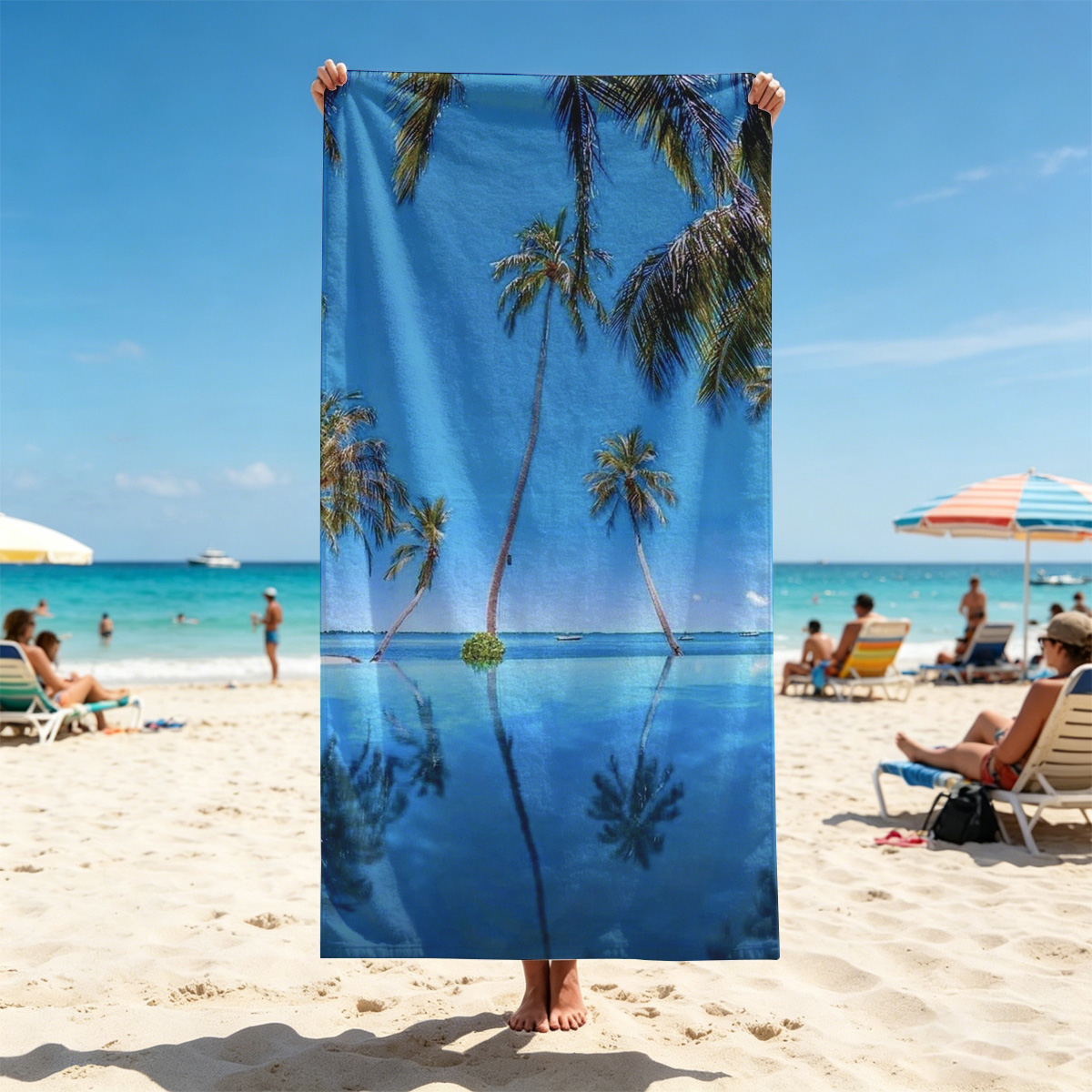 Tropical palm trees reflected in crystal-clear infinity pool under a vibrant blue sky. - Beach towels