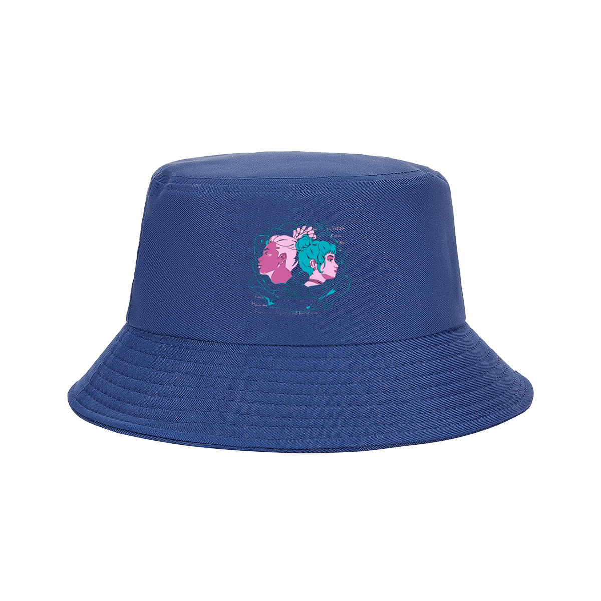 Two Women in Profile: A Stylized Artwork Featuring Pink and Teal Hair with French Text - Fisherman's Hat