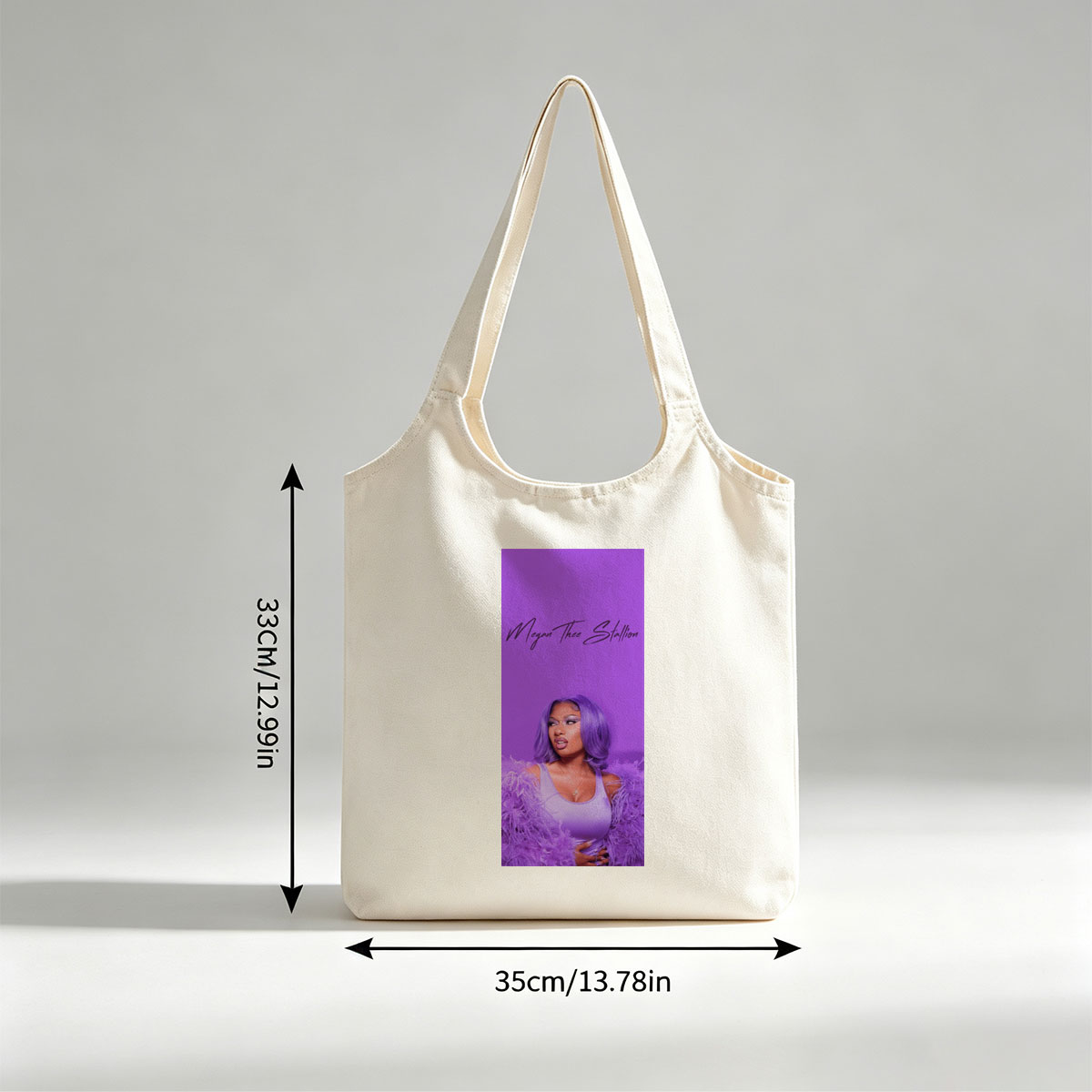 Megan Thee Stallion in Purple Feathered Outfit Against Vibrant Purple Background - Canvas shoulder bags/