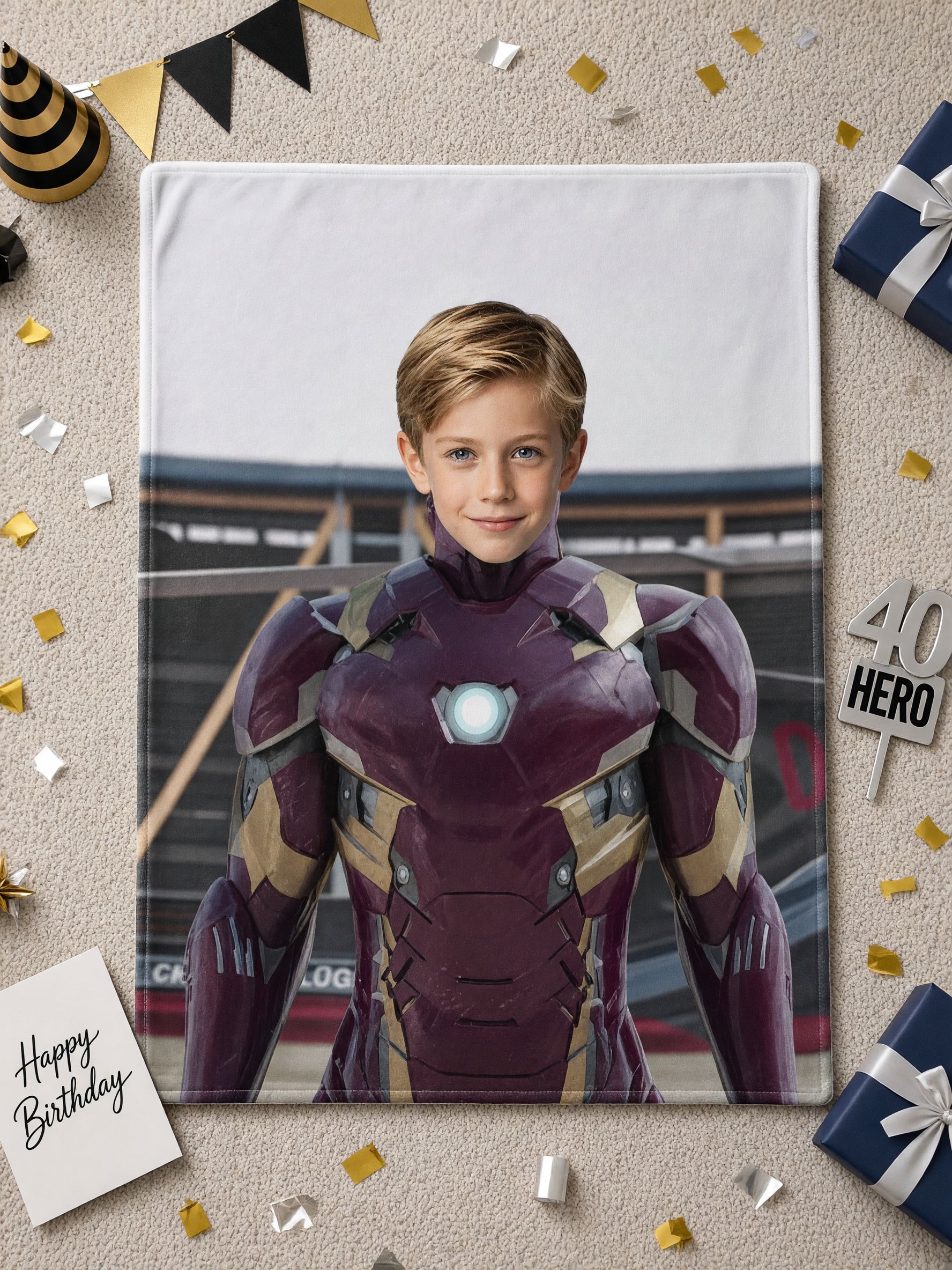 Custom Photo Face Blanket Personalized Superhero Armor Portrait Soft Flannel Fleece Throw Blanket Cozy Keepsake Gift