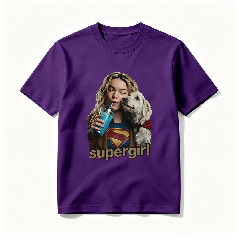 Supergirl with Dog and Blue Drink - Tee