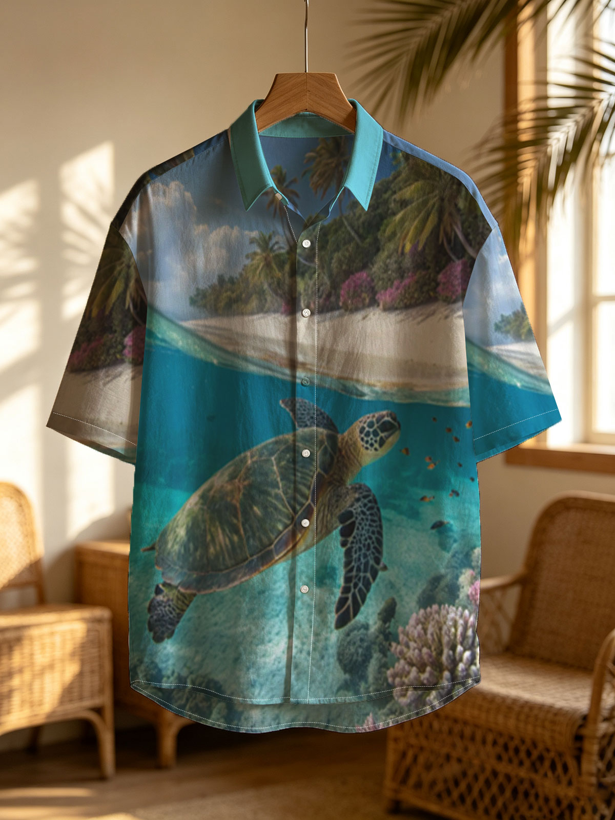 Sea Turtle Swims Near Coral Reef and Tropical Beach -  Shirt