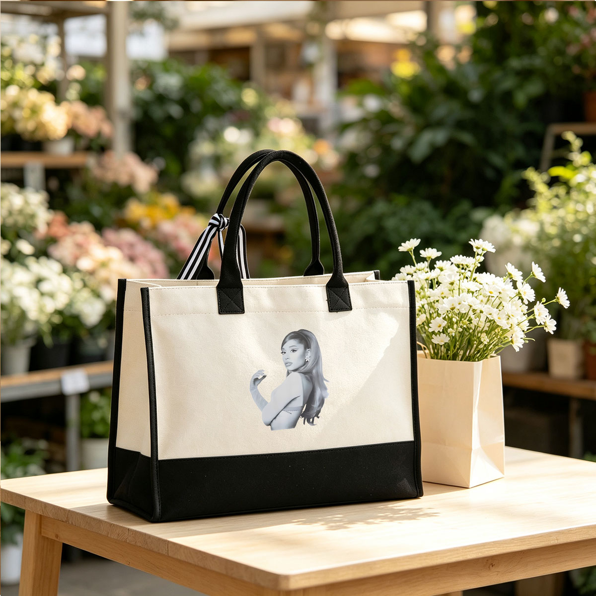 Ariana Grande in Monochrome Fashion Pose - Canvas patchwork gift tote bag