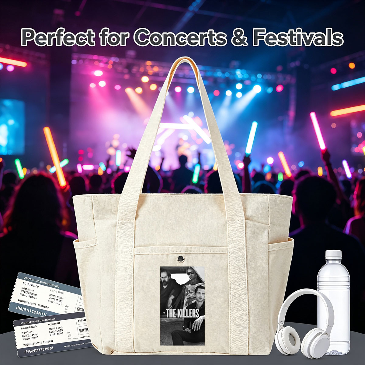 The Killers Band Members in a Vintage Car Black and White Photo - Multi-pocket bags