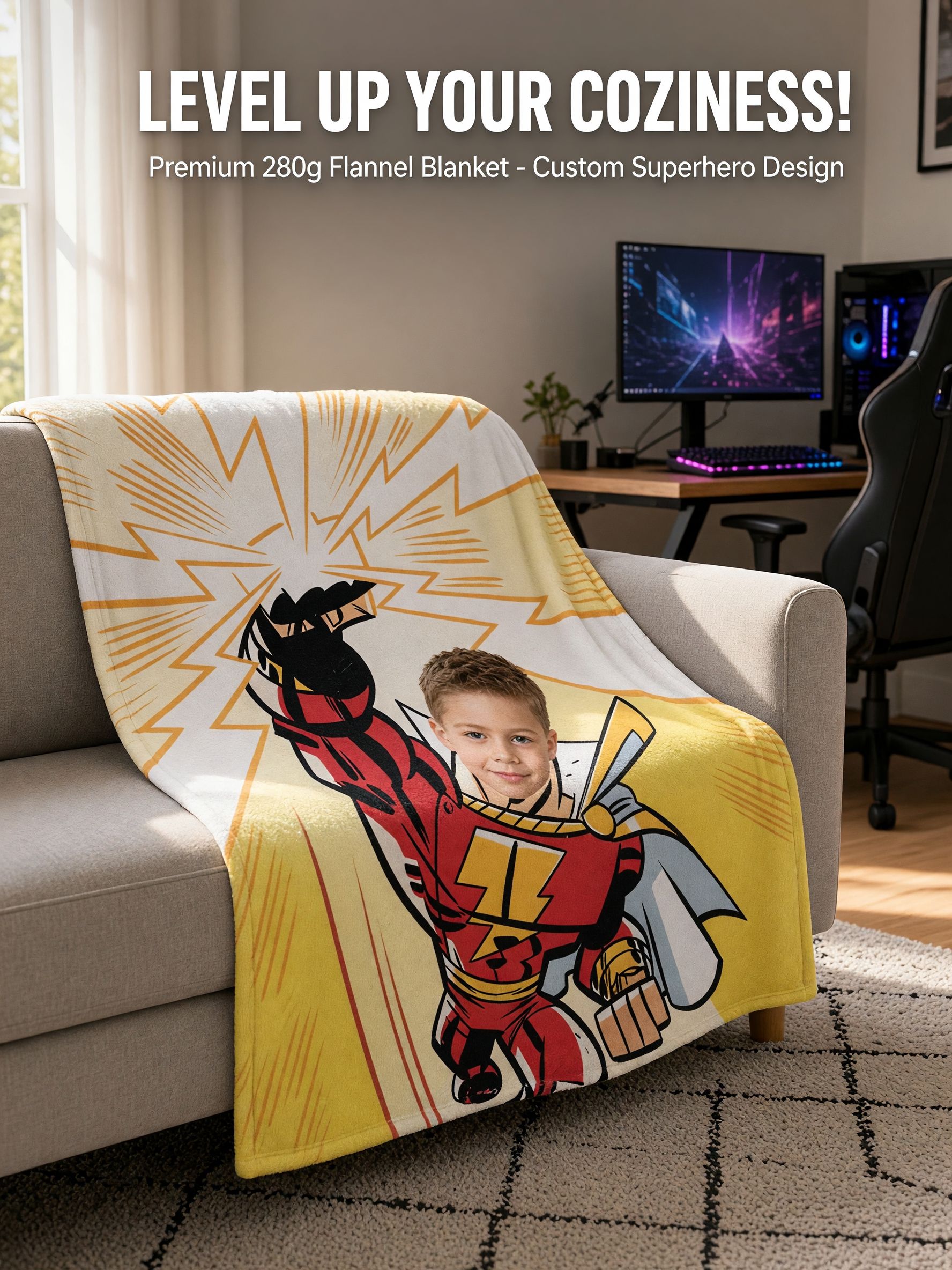 Personalized Superhero Photo Blanket Custom Face Comic Flannel Fleece Throw Soft Cozy Bed Sofa Keepsake Gift