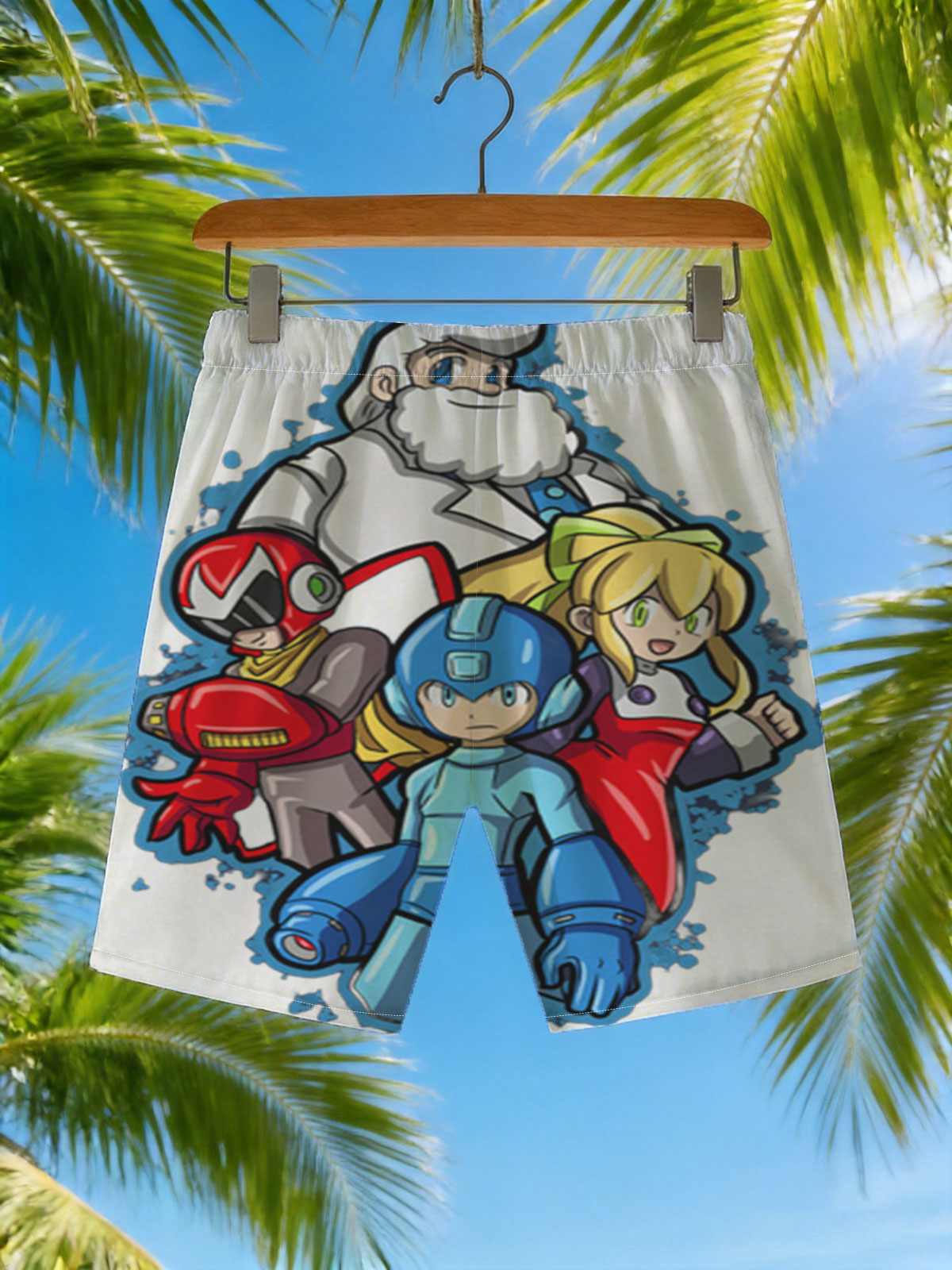 Mega Man, Roll, Dr. Light, and Bass from the Mega Man series -  Beach shorts