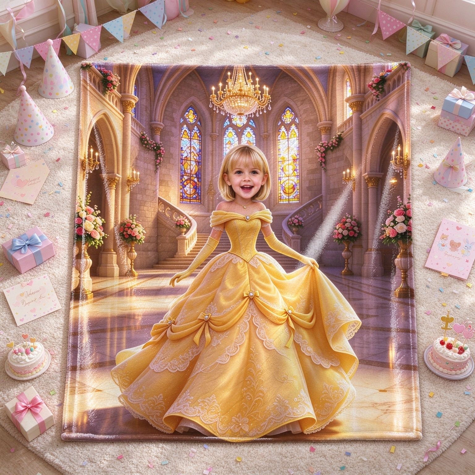 Custom Face Princess Blanket, Personalized Photo Yellow Ballgown Castle Fleece Throw, Cozy Keepsake Gift for Girls
