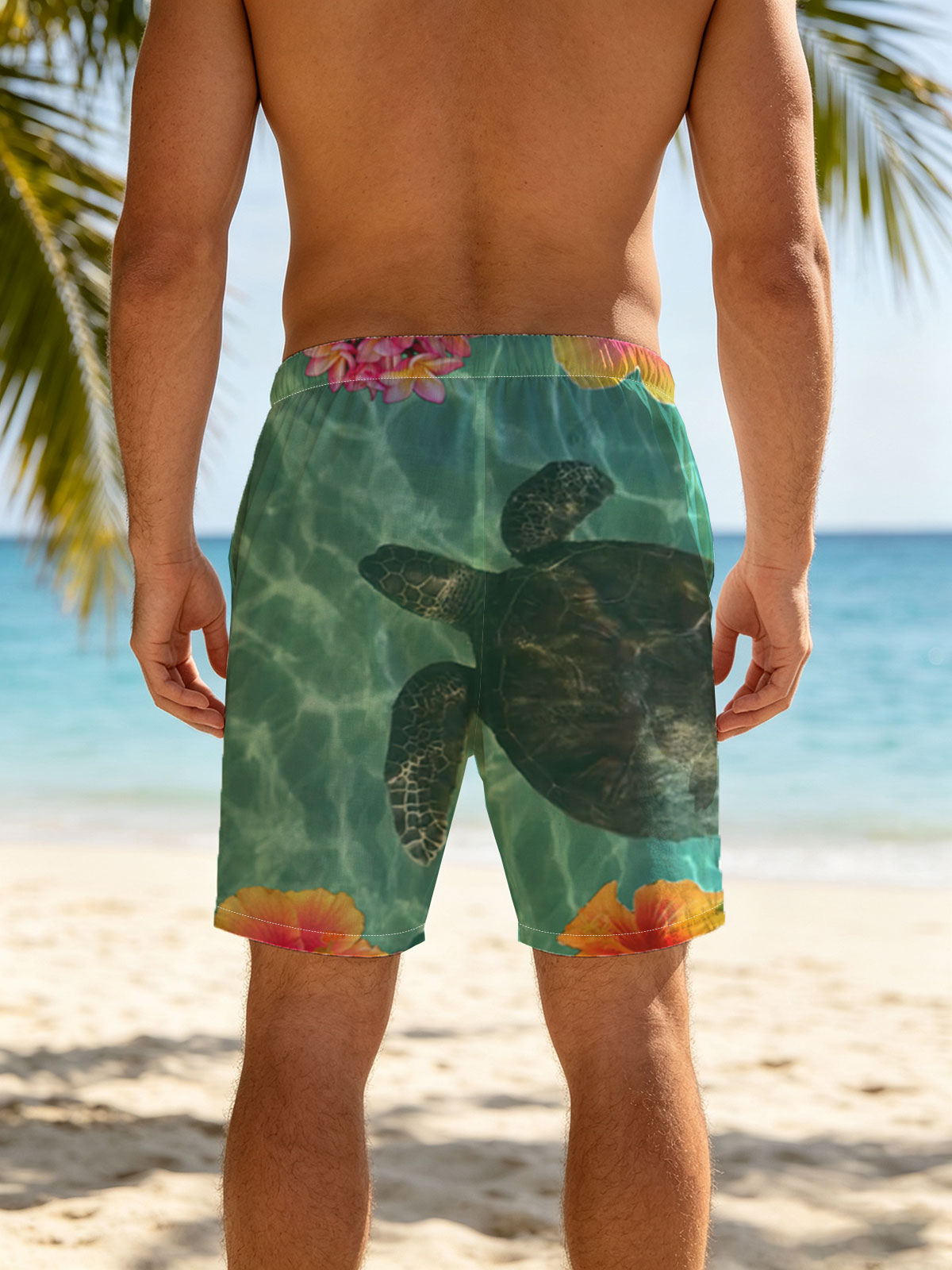 Sea Turtle Swimming Among Tropical Flowers in Clear Water -  Beach shorts