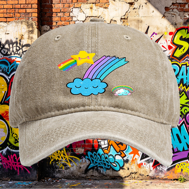 Unisex Classic Washed Cap with Rainbow Star Cloud Print | Casual Outdoor Hat for Youth and Adults | Perfect for Daily Wear, Travel, and Fun Activities