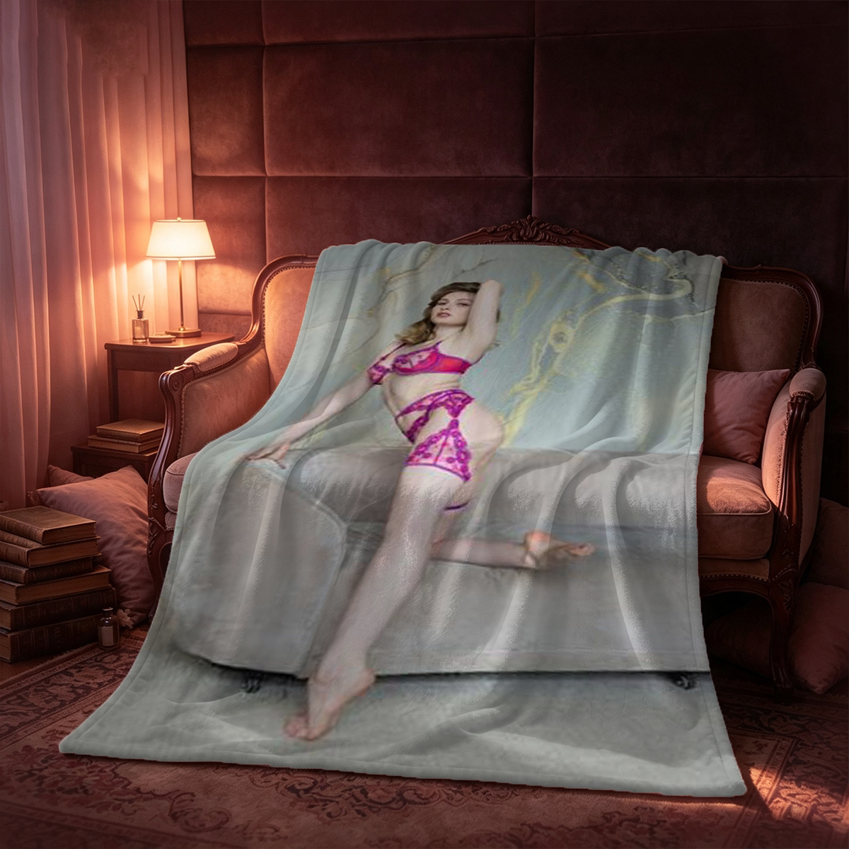 A Japanese woman in a purple off-shoulder knit top and beige skirt sitting on a bed. - Blanket