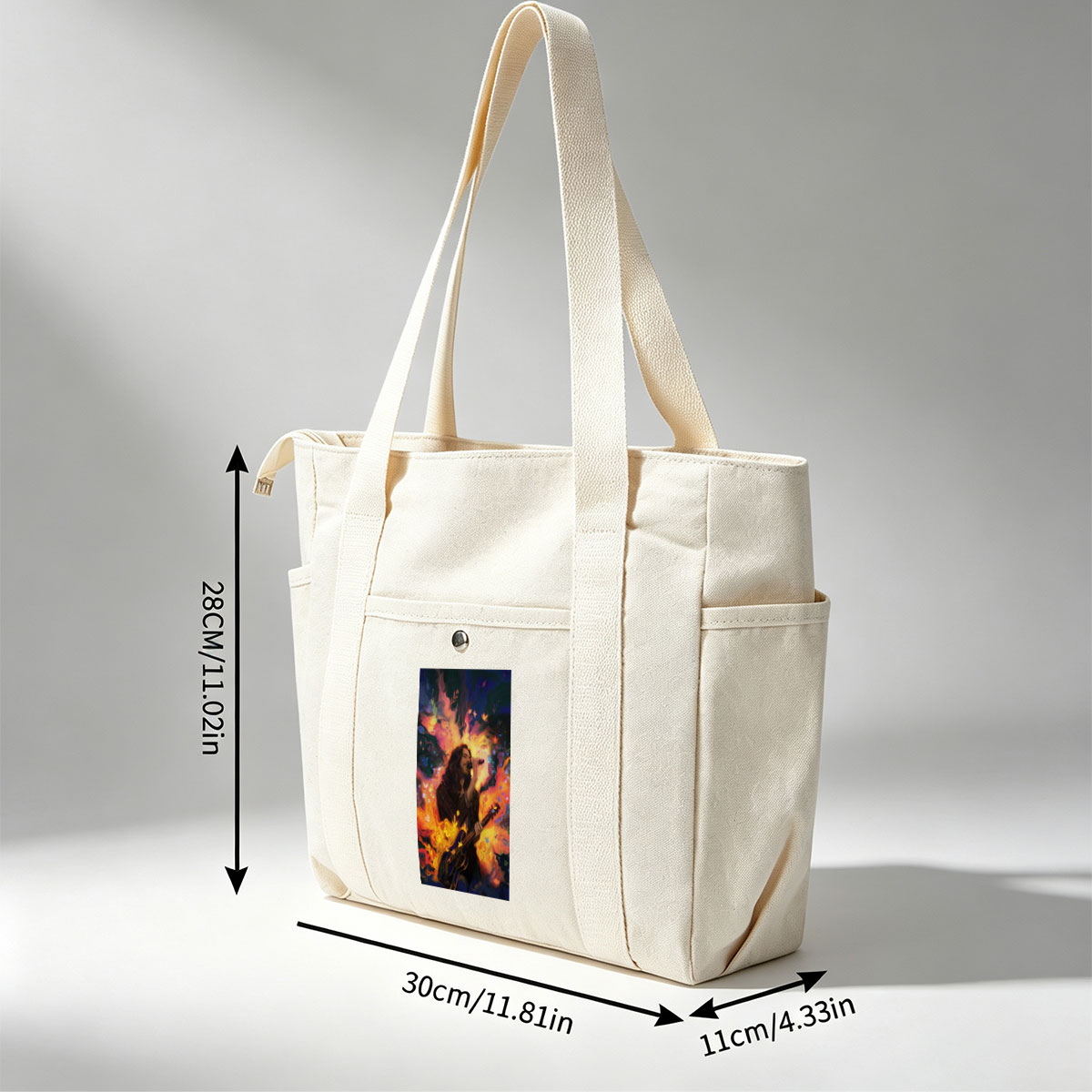Hozier Performing with Guitar Amidst Vibrant Flames and Flowers Artwork - Multi-pocket bags
