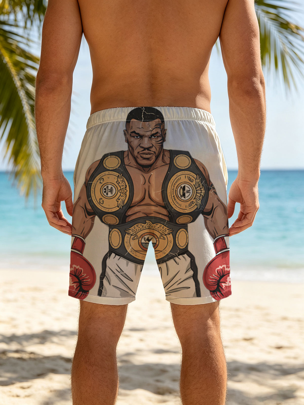Mike Tyson in Boxing Glory with Championship Belts -  Beach shorts