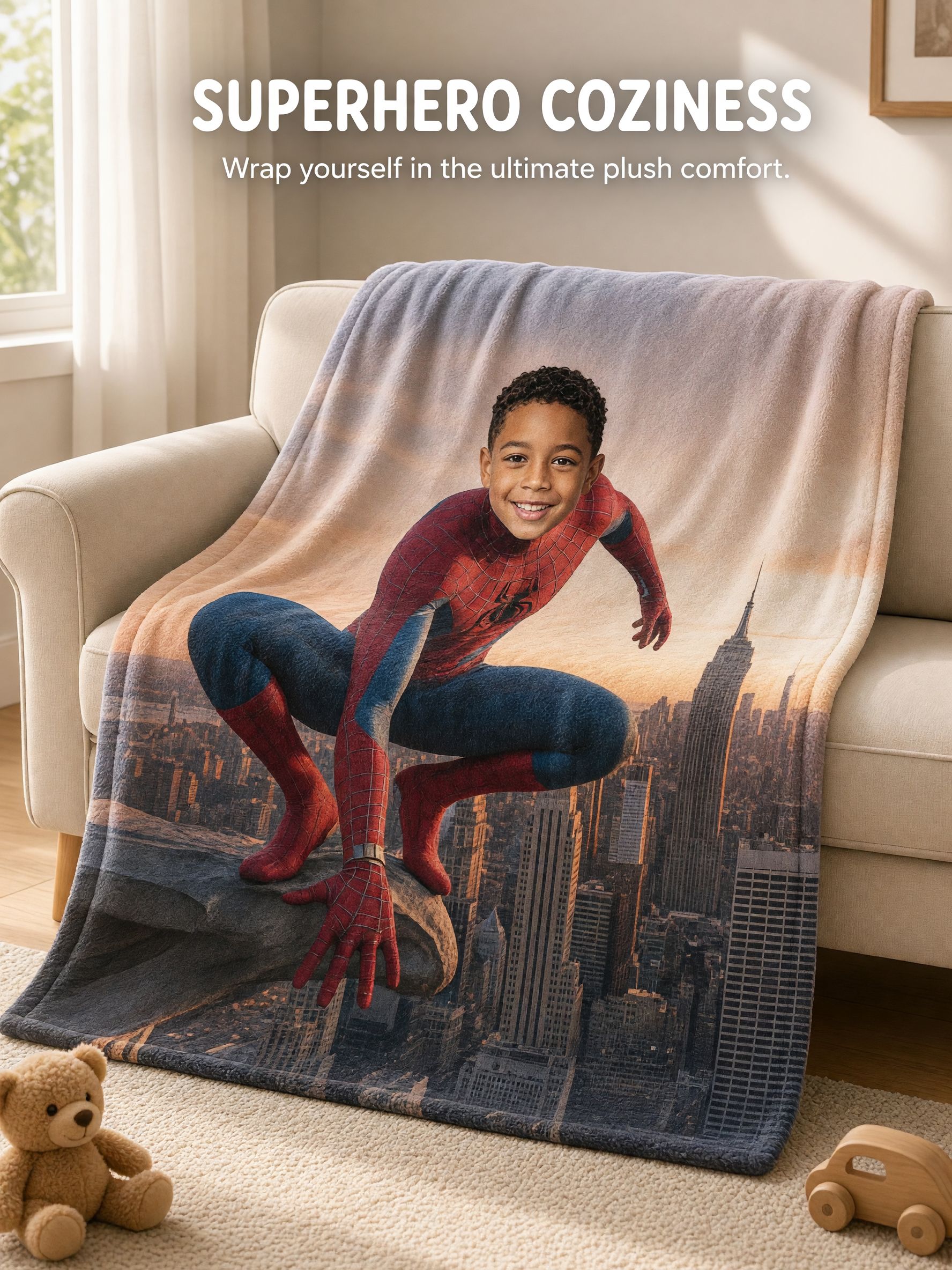Custom Face Photo Superhero Flannel Throw Blanket Personalized City Hero Ultra Soft Cozy Bed Couch Fleece Gift for Kids