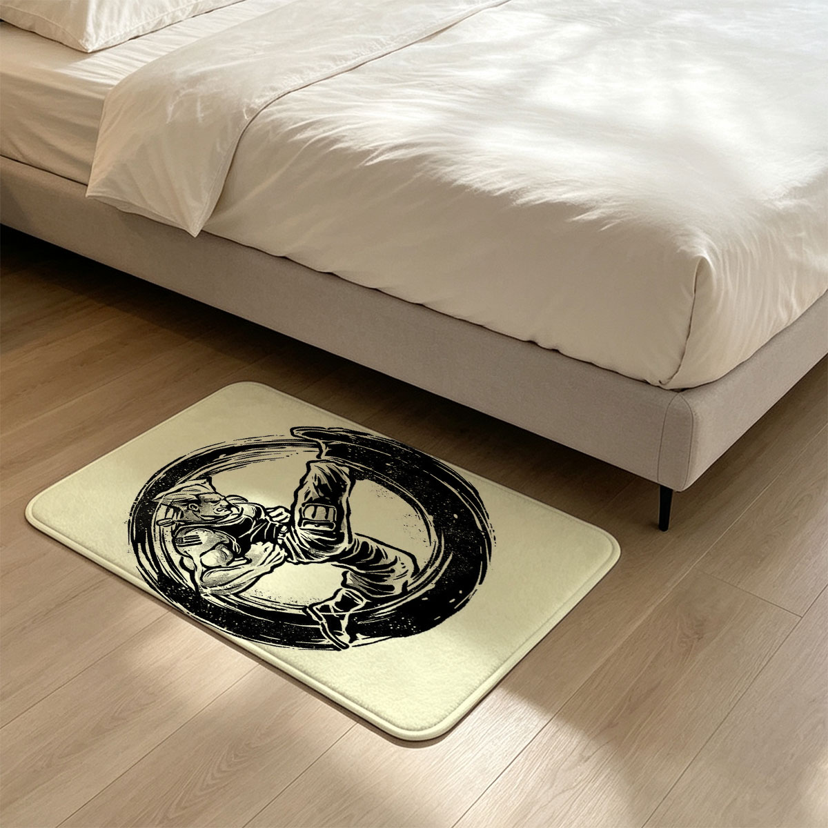 Samurai Warrior in Dynamic Combat Pose within Circular Frame - Flannel floor mat