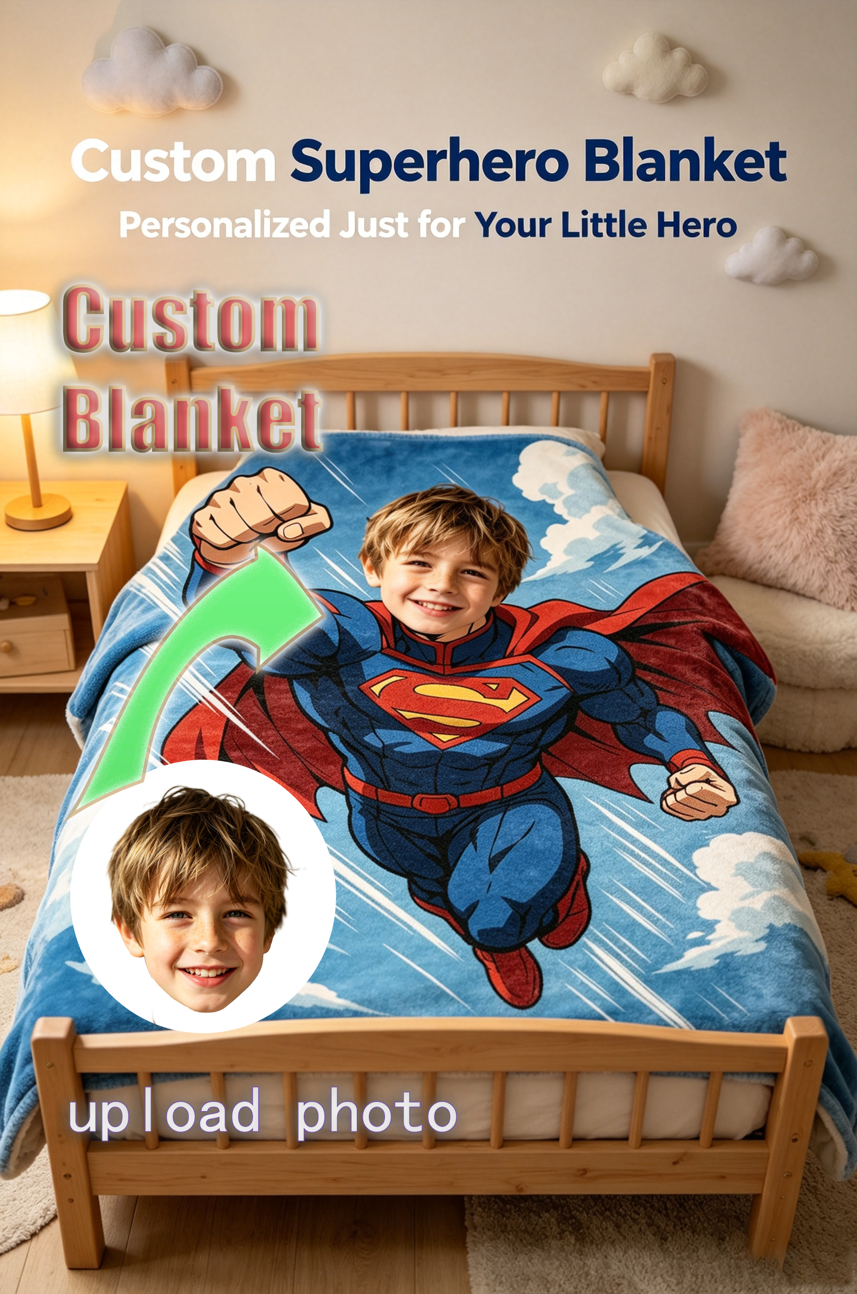 Custom Superman Photo Blanket, Turn Your Boy Into Superman, Personalized Upload Picture Flannel Throw, Unique Kids Birthday Gift