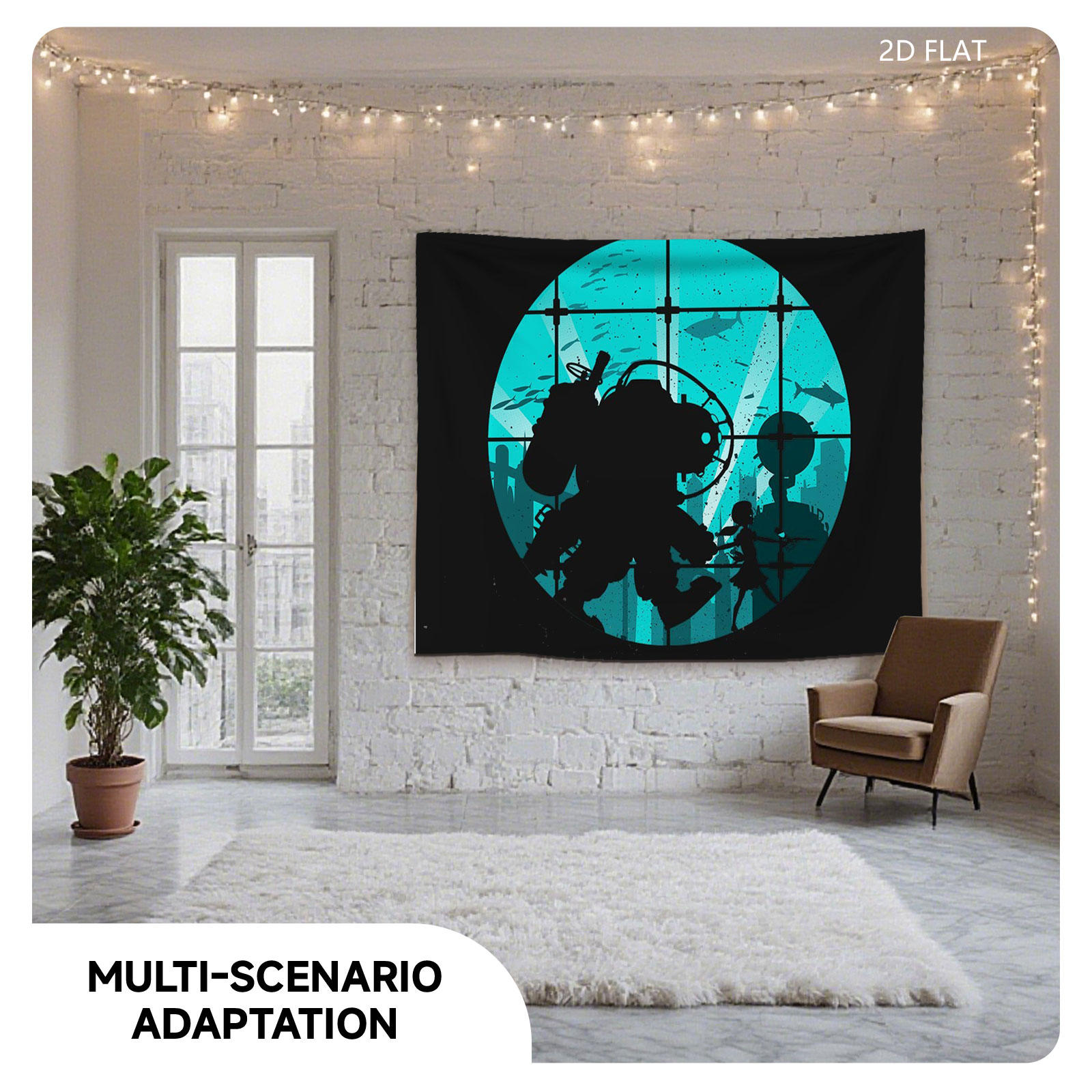 Deep Sea Diver and Child in Underwater City Silhouette - Tapestry