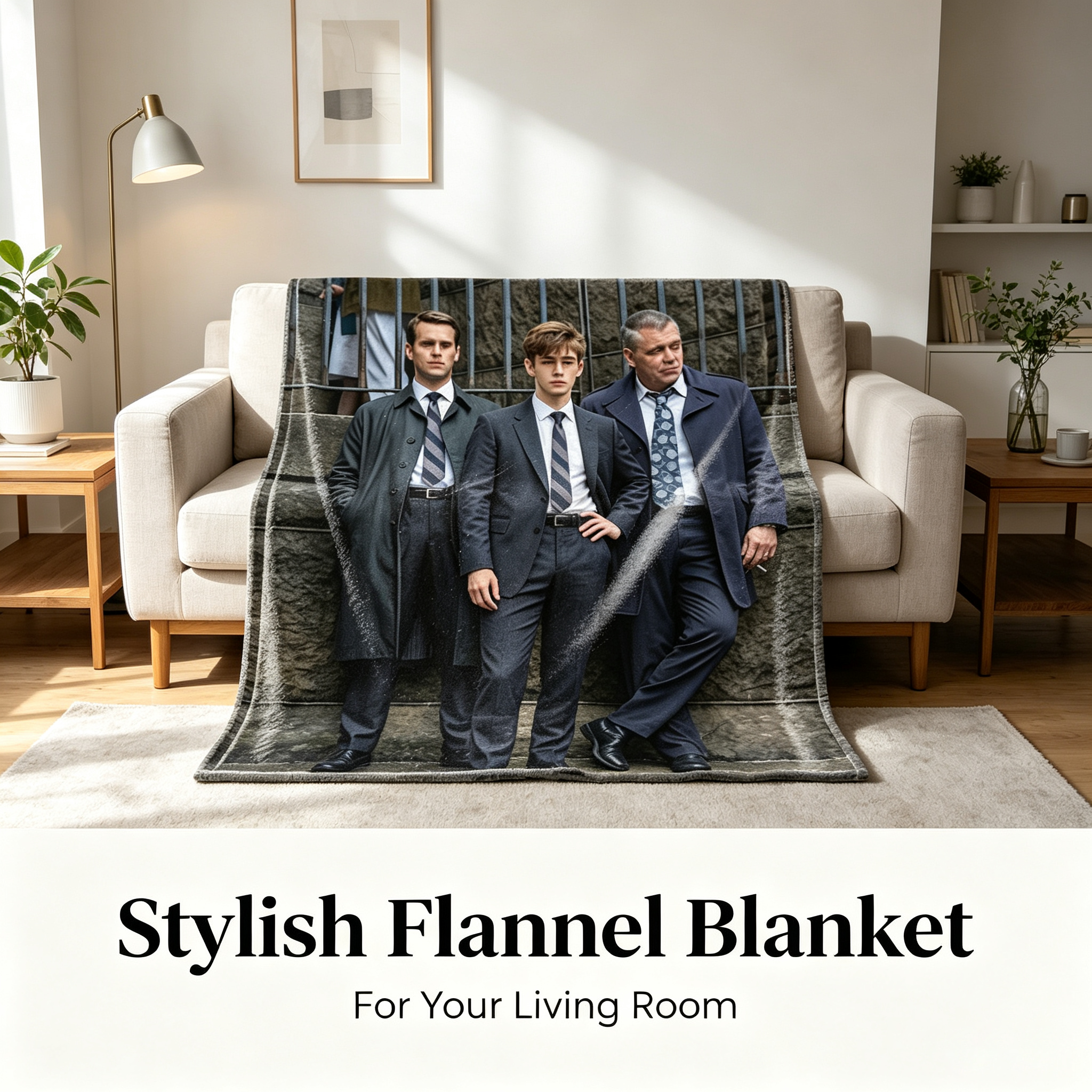 Custom Face Blanket Featuring Three Men in Suits Standing Against Stone Wall Flannel Blanket Perfect for Home Decor or Cozy Nights Gift Idea for Fans of Classic Style and Drama Series