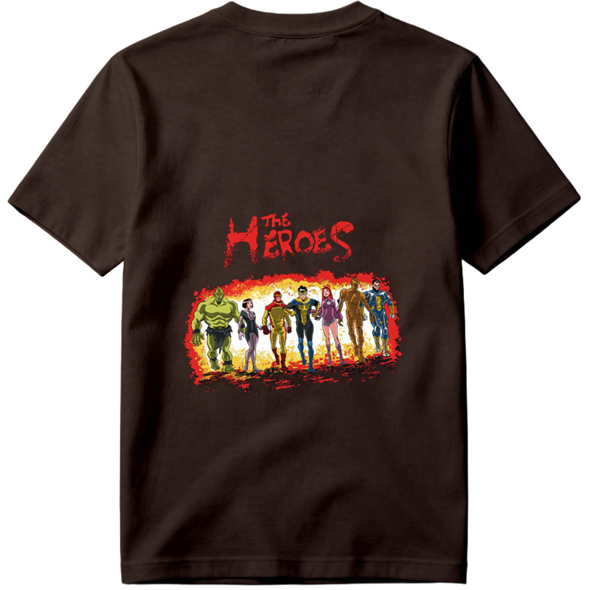 The Heroes: Green Hulk, Black Widow, Red Ranger, Blue Avenger, Pink Warrior, Golden Titan, and Blue Sentinel - Tee