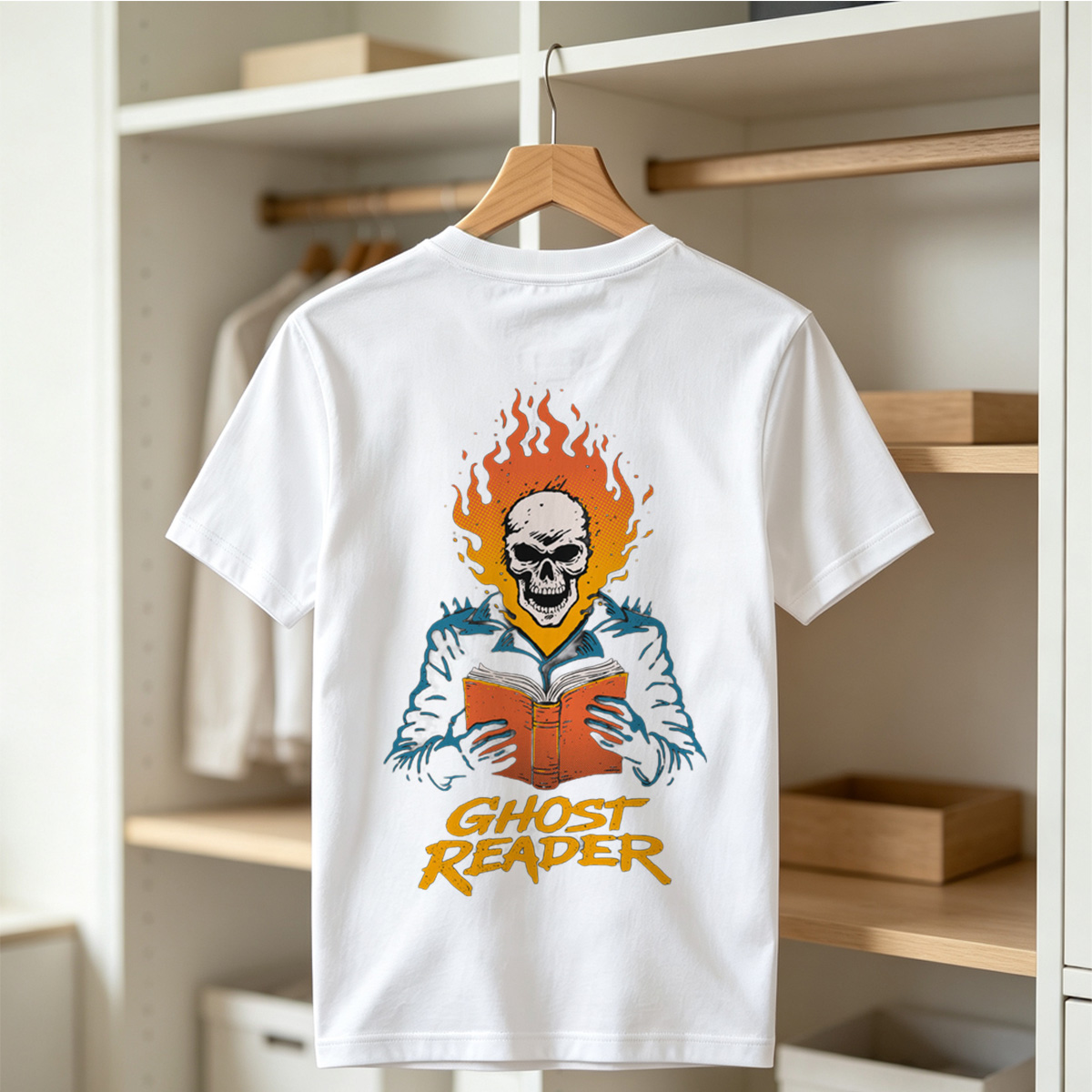 Ghost Reader: Skull with Flames Reading a Book - Tee