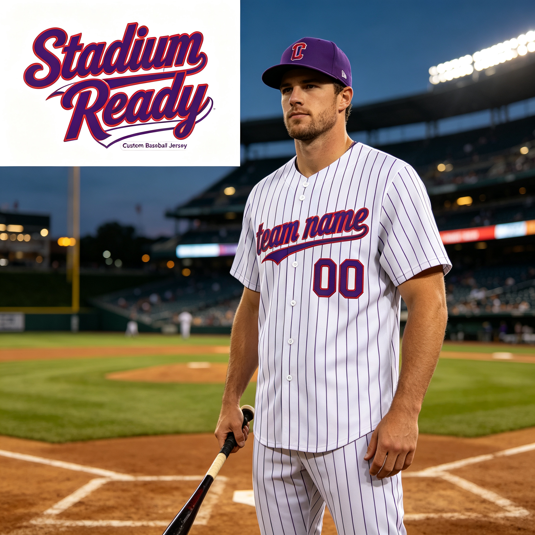 Custom Printed Colorado Mountain Style Baseball Jersey White Purple Pinstripe Button Down Shirt for Men and Women