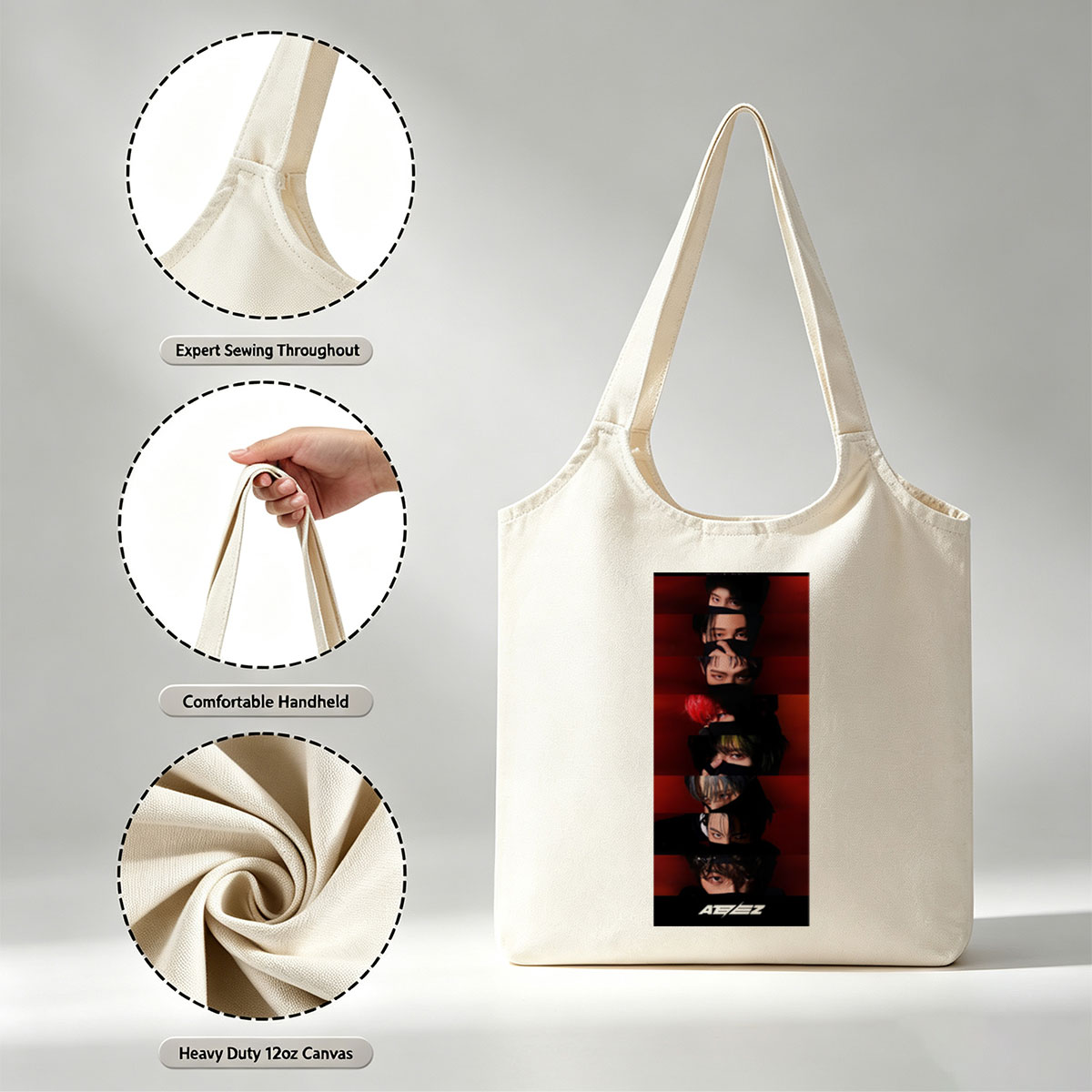 ATEEZ Dark Red Background Vertical Portrait Collage with Members' Eyes and Hair Details - Canvas shoulder bags/
