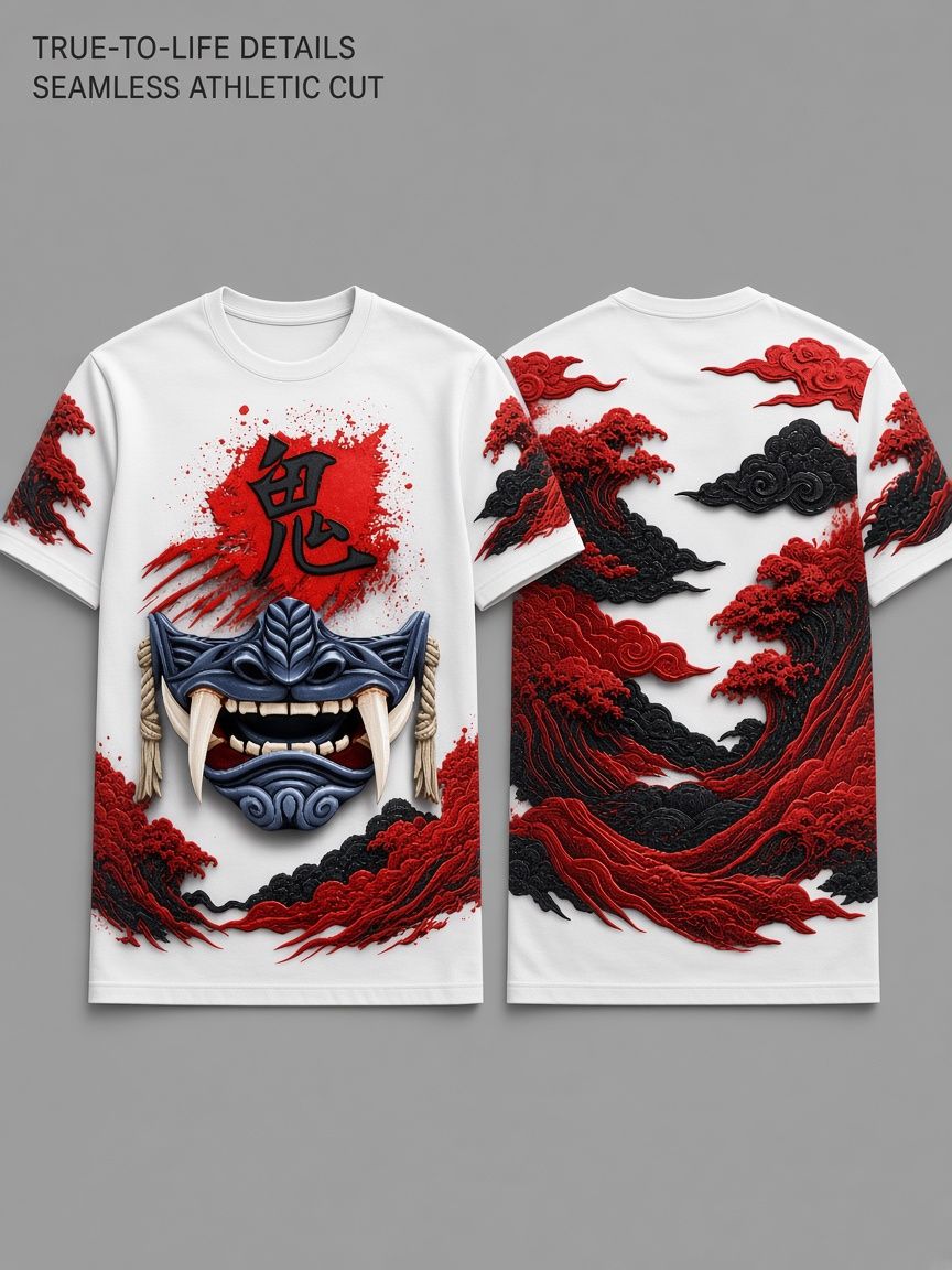 Japanese Oni Mask and Red Waves 3D Optical Illusion Graphic Tee Breathable Athletic Mesh T-Shirt Casual and Sports Wear