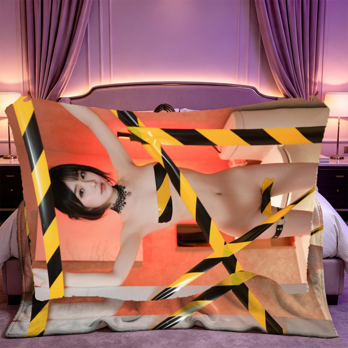 Sharon Stone nude in front of mirror, arms raised, leopard print on floor. - Blanket