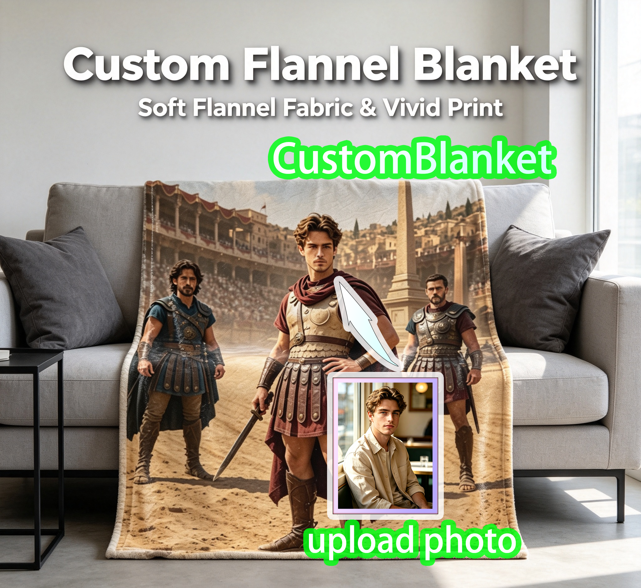 Custom Face Blanket Roman Gladiator Arena Warrior Flannel Blanket for Couch or Bed Cozy Gift for History Fans and Ancient Rome Enthusiasts