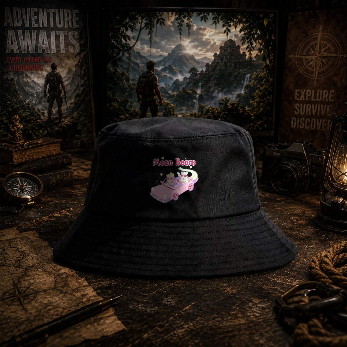 Mean Bears in a Pink Car with Three Cute Characters - Fisherman's Hat
