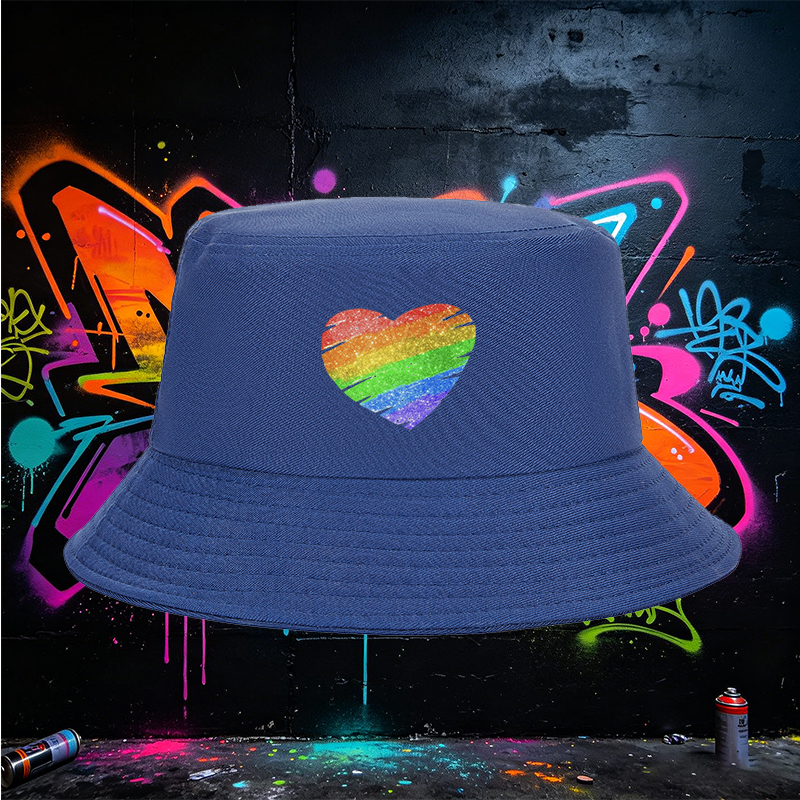 Unisex Bucket Hat with Rainbow Heart Print Glitter Design - Classic Cotton Sun Hat for Outdoor Activities, Beach, Travel, and Pride Events - Suitable for Adults, Men and Women, Casual Fashion Statement Accessory