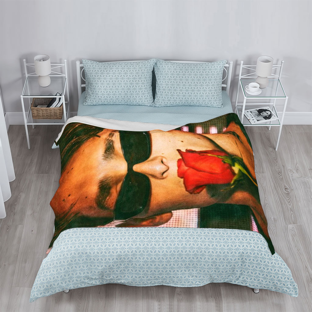Anwar Hadid Holding a Red Rose with Sunglasses on a Digital Background - Blankets