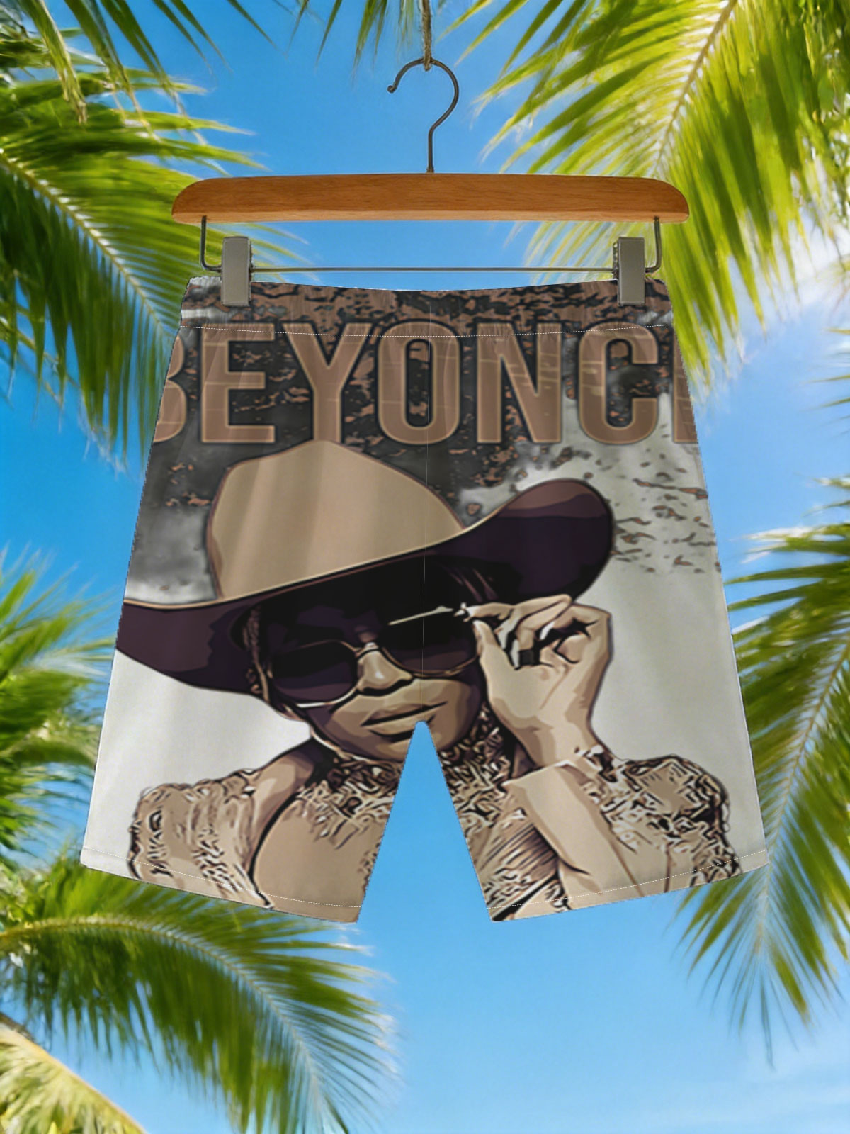 Beyoncé in Cowboy Hat and Sunglasses Artwork -  Beach shorts