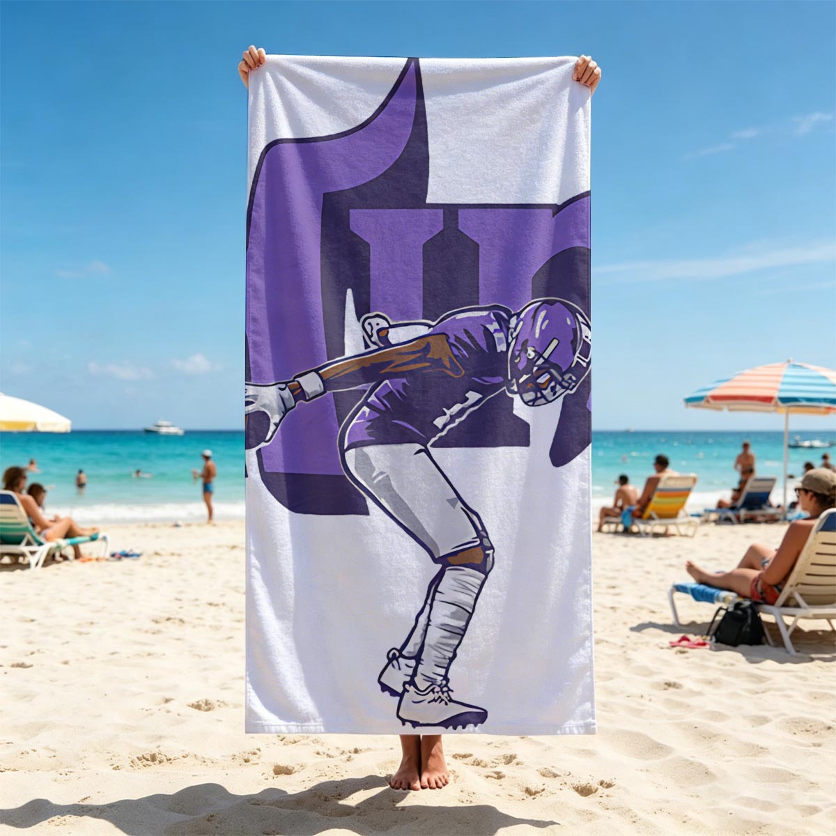 Him Football Player in Purple Uniform - Beach towels