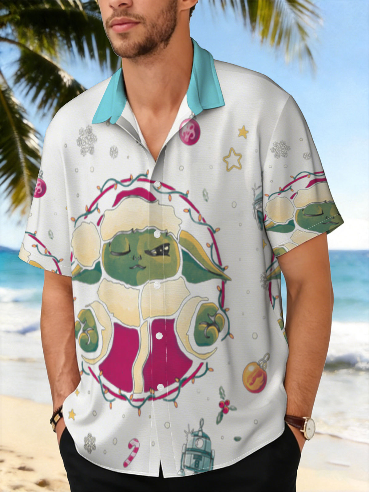 Baby Yoda in Santa Outfit with Star Wars Christmas Ornaments -  Shirt