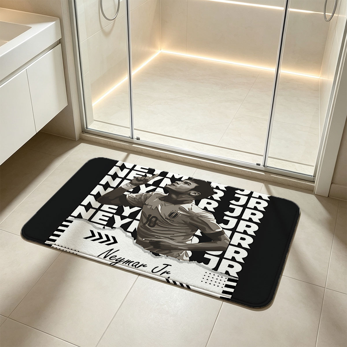 Neymar Jr. in Brazil Jersey, Celebrating Goal, Graphic Design Art - Flannel floor mat
