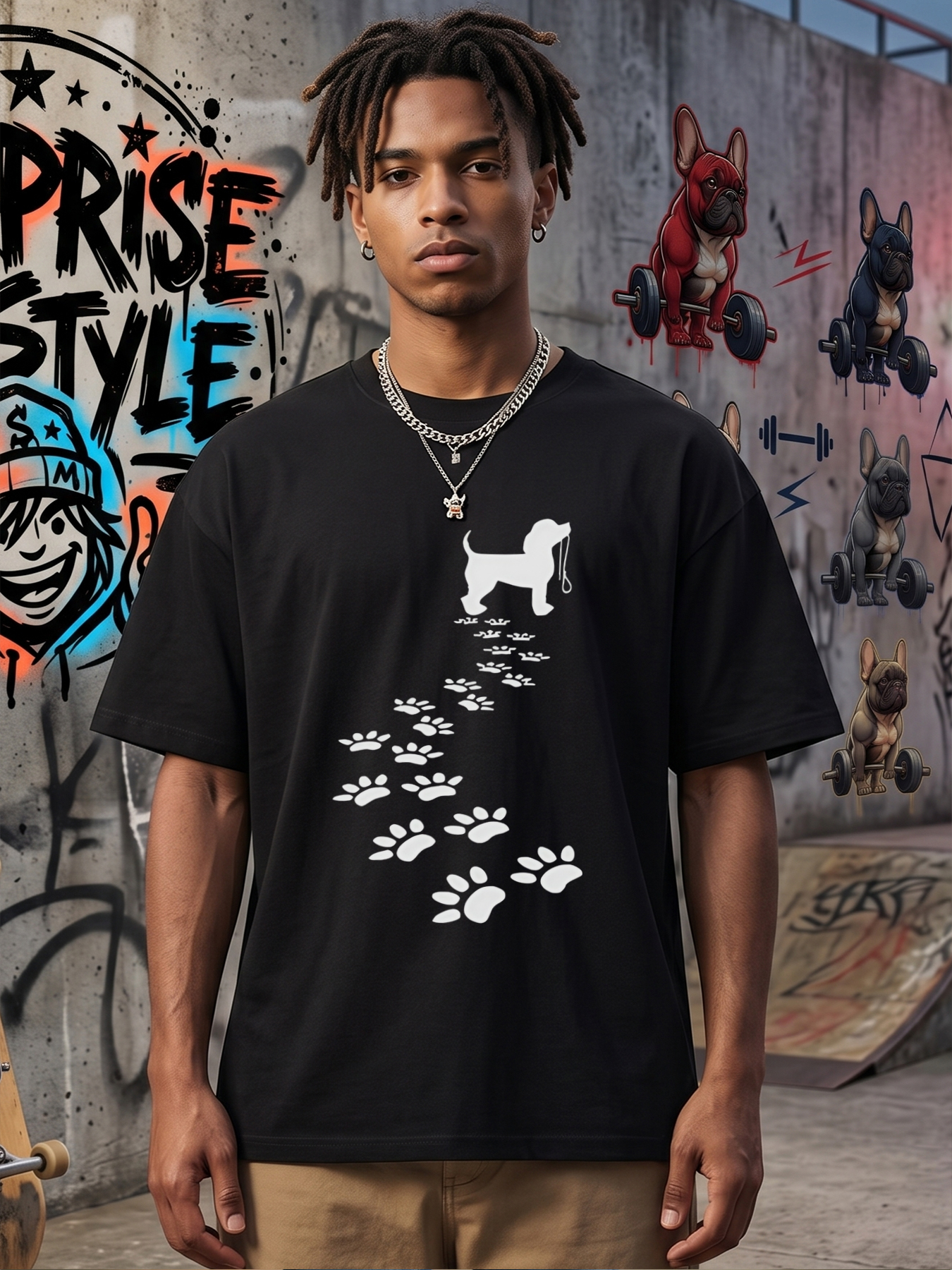 Men's Printed T-Shirt Dog Paw Prints and Silhouette Design Casual Round Neck Summer Lightweight Breathable Short Sleeve T-Shirt for Dog Lovers Outdoor Activities and Daily Wear