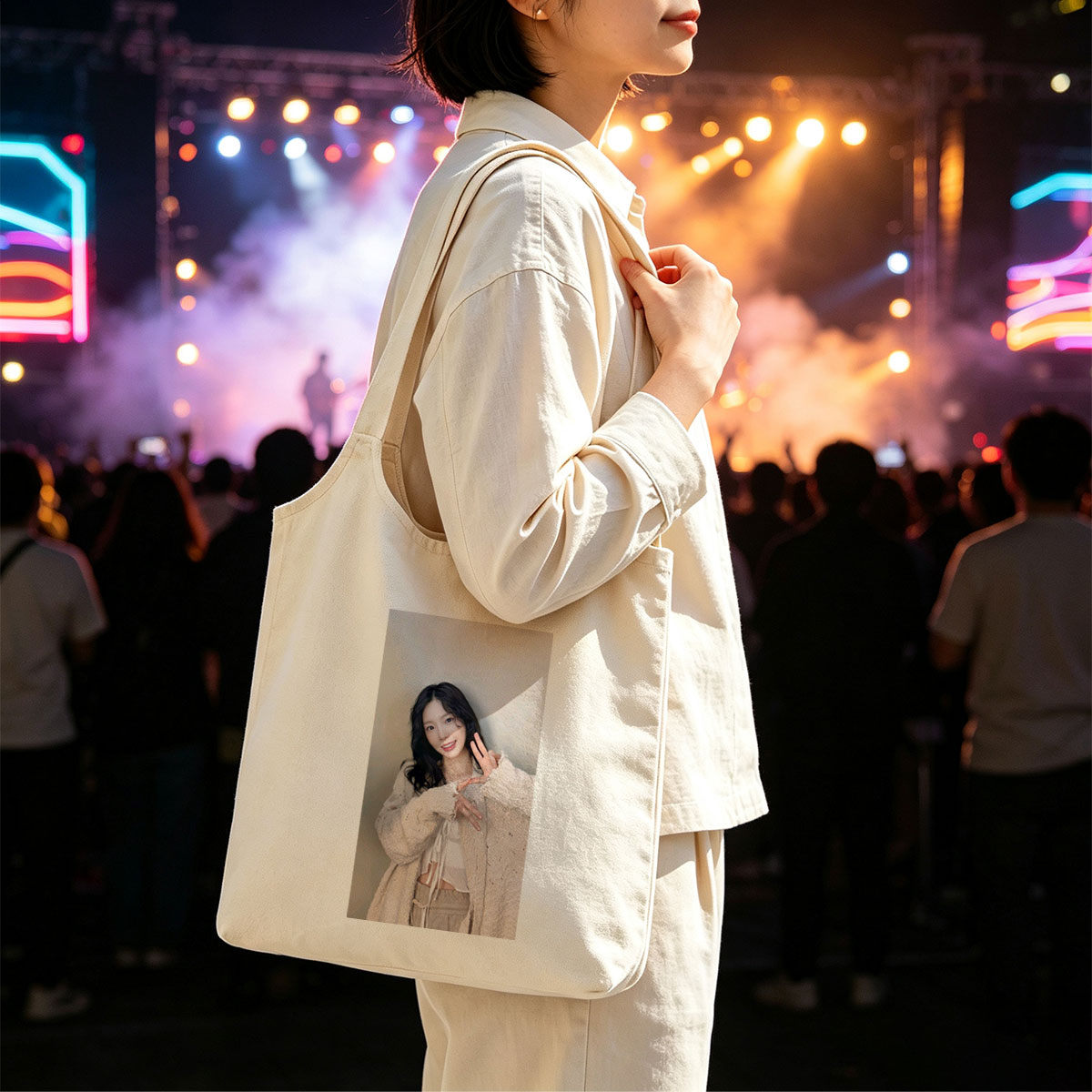 Lee Su-jeong in a Cozy Outfit Making a Peace Sign Pose - Canvas shoulder bags/
