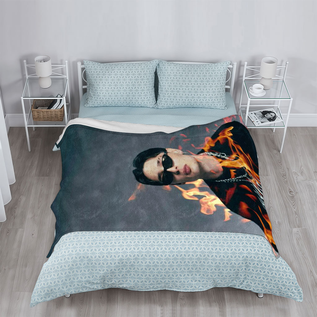 BTS Jungkook in Fiery Pose with Flames Surrounding Him - Blankets