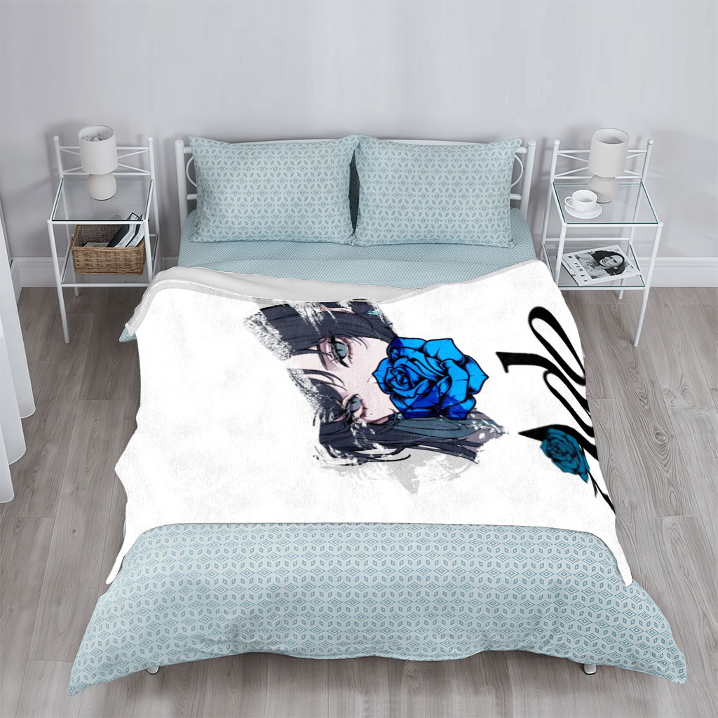 Ado in a Dramatic Portrait with Blue Rose Covering Her Mouth - Blankets
