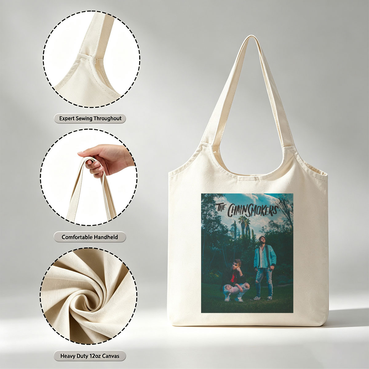 The Chainsmokers in a Lush Garden with Palm Trees and Vibrant Outfits - Canvas shoulder bags/