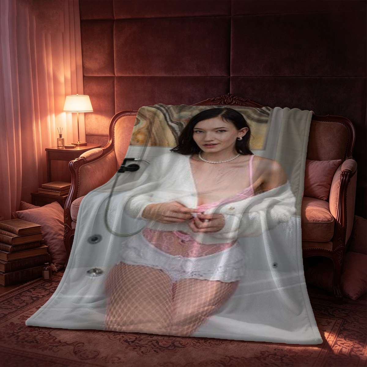 A woman with a red floral hair accessory, wearing an open white shirt, sits barefoot in a luxurious bathtub. - Blanket